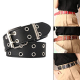 Maxbell Double Grommet Belt PU Leather Punk Double Prong Buckle for Men Women Black