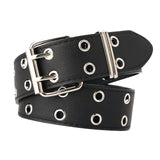 Maxbell Double Grommet Belt PU Leather Punk Double Prong Buckle for Men Women Black