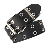 Maxbell Double Grommet Belt PU Leather Punk Double Prong Buckle for Men Women Black