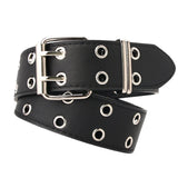Maxbell Double Grommet Belt PU Leather Punk Double Prong Buckle for Men Women Black