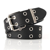 Maxbell Double Grommet Belt PU Leather Punk Double Prong Buckle for Men Women Black