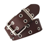Maxbell Double Grommet Belt PU Leather Punk Double Prong Buckle for Men Women Coffee