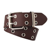 Maxbell Double Grommet Belt PU Leather Punk Double Prong Buckle for Men Women Coffee