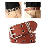 Maxbell Double Grommet Belt PU Leather Punk Double Prong Buckle for Men Women Camel