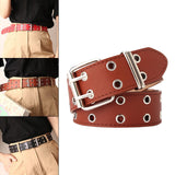 Maxbell Double Grommet Belt PU Leather Punk Double Prong Buckle for Men Women Camel