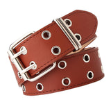 Maxbell Double Grommet Belt PU Leather Punk Double Prong Buckle for Men Women Camel