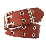 Maxbell Double Grommet Belt PU Leather Punk Double Prong Buckle for Men Women Camel