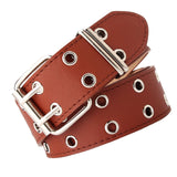 Maxbell Double Grommet Belt PU Leather Punk Double Prong Buckle for Men Women Camel