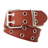 Maxbell Double Grommet Belt PU Leather Punk Double Prong Buckle for Men Women Camel