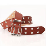 Maxbell Double Grommet Belt PU Leather Punk Double Prong Buckle for Men Women Camel