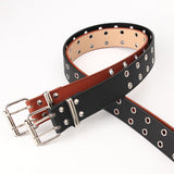 Maxbell Double Grommet Belt PU Leather Punk Double Prong Buckle for Men Women Camel