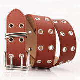 Maxbell Double Grommet Belt PU Leather Punk Double Prong Buckle for Men Women Camel
