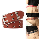Maxbell Double Grommet Belt PU Leather Punk Double Prong Buckle for Men Women Camel