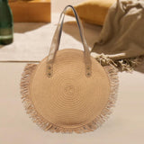 Maxbell Ladies Women Round Straw Bag Tote with Tassels Bohemian for Seaside Vacation