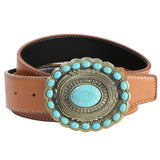 Maxbell Men's Belt Vintage Turquoise Buckle Indian Style 1-1/2" (38mm) Wide Fashion Brown