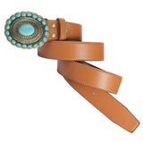 Maxbell Men's Belt Vintage Turquoise Buckle Indian Style 1-1/2" (38mm) Wide Fashion Brown
