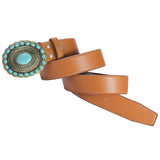 Maxbell Men's Belt Vintage Turquoise Buckle Indian Style 1-1/2" (38mm) Wide Fashion Brown