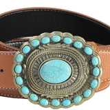 Maxbell Men's Belt Vintage Turquoise Buckle Indian Style 1-1/2" (38mm) Wide Fashion Brown