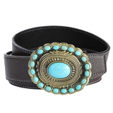 Maxbell Men's Belt Vintage Turquoise Buckle Indian Style 1-1/2" (38mm) Wide Fashion Coffee