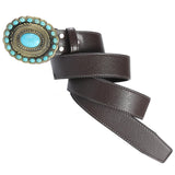 Maxbell Men's Belt Vintage Turquoise Buckle Indian Style 1-1/2" (38mm) Wide Fashion Coffee