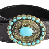 Maxbell Men's Belt Vintage Turquoise Buckle Indian Style 1-1/2" (38mm) Wide Fashion Coffee