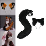 Maxbell 2Pcs Plush Fox Ears and Tail Set Faux Fur Long Tails Cosplay Party Prop Black