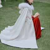 Maxbell Women Cape Chinese Style Hanfu Cloak Poncho Floral Embroidery Jacket White