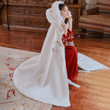 Maxbell Women Cape Chinese Style Hanfu Cloak Poncho Floral Embroidery Jacket White