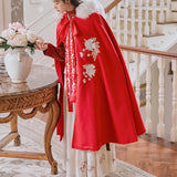 Maxbell Women Cape Chinese Style Hanfu Cloak Poncho Floral Embroidery Jacket Red