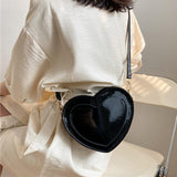 Maxbell Love Heart Shape Shoulder Bag Pure Color Glossy PU Leather for Ladies Girls Black