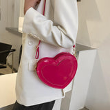 Maxbell Love Heart Shape Shoulder Bag Pure Color Glossy PU Leather for Ladies Girls Rose Red