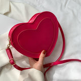 Maxbell Love Heart Shape Shoulder Bag Pure Color Glossy PU Leather for Ladies Girls Rose Red