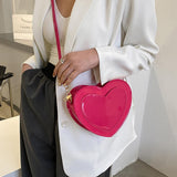 Maxbell Love Heart Shape Shoulder Bag Pure Color Glossy PU Leather for Ladies Girls Rose Red