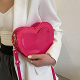 Maxbell Love Heart Shape Shoulder Bag Pure Color Glossy PU Leather for Ladies Girls Rose Red