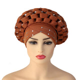 Maxbell African Turban Women Sequin Headwear Head Scarf Hair Cover Girls Headwrap Brown