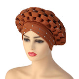 Maxbell African Turban Women Sequin Headwear Head Scarf Hair Cover Girls Headwrap Brown