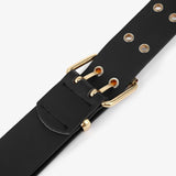 Maxbell Double Grommet Belt with Pin Buckle Leather Waist Strap Women Men Belt Black