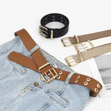 Maxbell Double Grommet Belt with Pin Buckle Leather Waist Strap Women Men Belt Black
