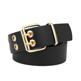 Maxbell Double Grommet Belt with Pin Buckle Leather Waist Strap Women Men Belt Black