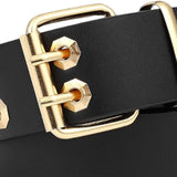Maxbell Double Grommet Belt with Pin Buckle Leather Waist Strap Women Men Belt Black