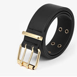 Maxbell Double Grommet Belt with Pin Buckle Leather Waist Strap Women Men Belt Black