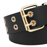 Maxbell Double Grommet Belt Jeans Eyelet Belt Width 1.5inch Leather Punk Waist Belt Black