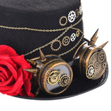 Maxbell Steampunk Hat with Goggles Flower Black Top Hat Strap Adjustable Gift Size S