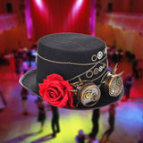 Maxbell Steampunk Hat with Goggles Flower Black Top Hat Strap Adjustable Gift Size S