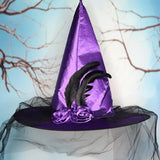 Maxbell Witch Women Hat Wide Brim Headgear Pointed Top for Halloween Party Purple