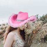 Maxbell Stylish Pink Cowboy Hat Chic Wide Brim Cowgirl Hat for Girls Party Holidays