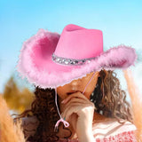 Maxbell Stylish Pink Cowboy Hat Chic Wide Brim Cowgirl Hat for Girls Party Holidays