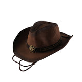 Maxbell Western Cow boy Hat Wide Brim Panama Cowgirl Hat for Summer Beach Vacation Brown