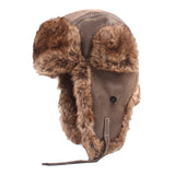 Maxbell Winter Trooper Hat Windproof PU Leather Cold Proof Ear Flaps Snow Ski Button Coffee