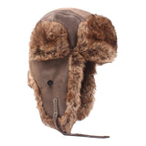 Maxbell Winter Trooper Hat Windproof PU Leather Cold Proof Ear Flaps Snow Ski Button Coffee